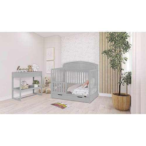 Storybrooke 5 in 1 Convertible Crib with Under Drawer in Pebble Grey, JPMA & Greenguard Gold Certified, Made of Sustainable Pinewood, Non-Toxic Water-Based Paint Finish - Jamouz