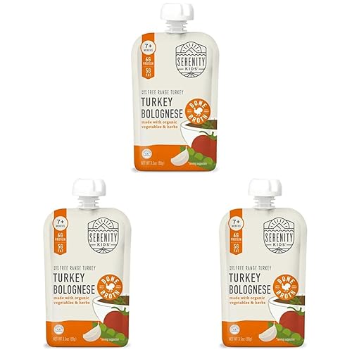 Serenity Kids Bone Broth Puree Made with Organic Veggies - Clean Label Project Purity Award Certified - 3.5 Ounce BPA-Free Pouch - Free Range Turkey Bolognese - 6 Count - Baby Food Turkey Bone Broth - Jamouz