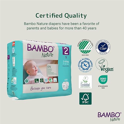 Bambo Nature Hypoallergenic Baby Diapers, Eco-Labeled Diapers, Enhanced Leakage Protection, Totally Chlorine-Free, Skin Friendly, and Super Absorbent - Size 2 (30 Count) - Jamouz