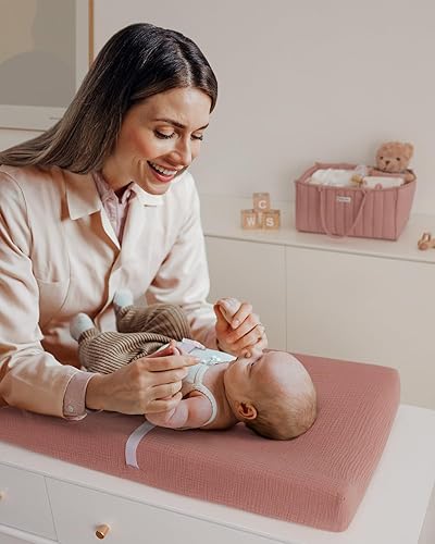 Blissful Diary Muslin Changing Pad Cover for Girls Boys, Ultra Soft Breathable Cotton, Baby Diaper Change Table Pad Covers, 2Pack (Roman Green&Leaf) - Jamouz