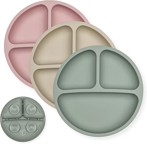 Hippypotamus Toddler Plates with Suction - 100% Food-Grade Silicone Baby Plates - Microwave & Dishwasher Safe - BPA Free - Set of 3 (Sage/Blush/Nude) - Jamouz