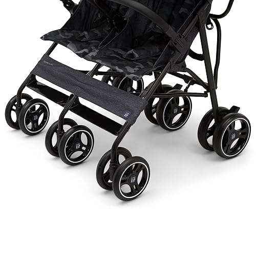 GAP babyGap Classic Side-by-Side Double Stroller - Lightweight Double Stroller with Recline, Extendable Sun Visors & Compact Fold - Made with Sustainable Materials, Grey Stripes - Jamouz