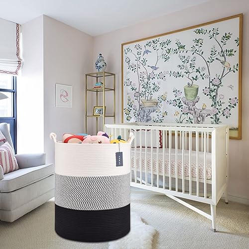 COMSE Extra Large Blanket Basket, High Storage Basket, Tall Rope Laundry Basket, 15.7”x 21.7”, Cotton Rope Basket, XXXL Laundry Basket, Toy Basket, Clothes Baskets,White/Cadet Blue/Navy Blue - Jamouz