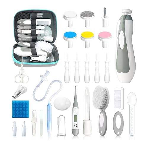 Baby Healthcare and Grooming Kit, 30 in 1 Portable Baby Essentials Kit Electric Nail Trimmer Set with Gas Relief Hair Brush Comb Nasal Aspirator for Newborn Boys Girls (Green) - Jamouz