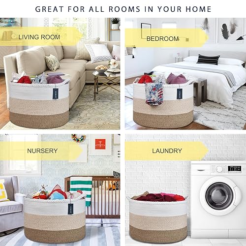 COMSE Extra Large Blanket Basket, Storage Basket, Laundry Basket, 21.7”x 13.8”, Laundry Hamper, Cotton Rope Basket, Blanket Basket Living Room, Toy Basket (White & Cadet Blue & Navy Blue) - Jamouz