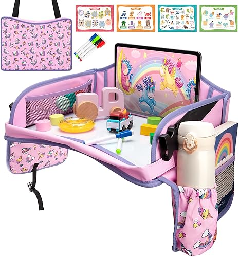 Blissful Diary Travel Tray for Kids Car Seat, Toddler Road Trip Essentials with Drawing Kit, Carseat Tray for Children Travel, Road Trip Must Haves for Kids, Pink - Jamouz