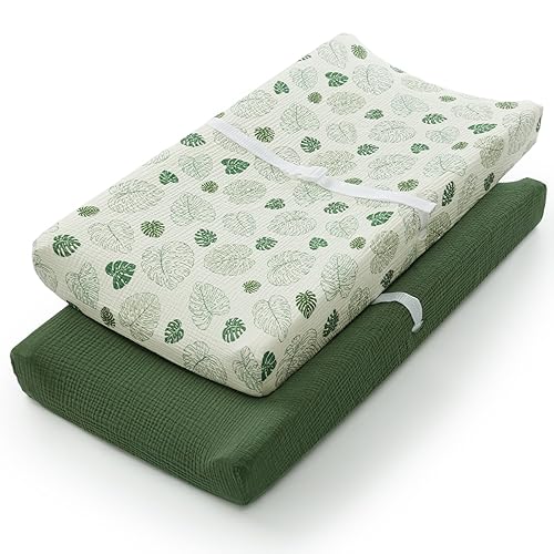 Blissful Diary Muslin Changing Pad Cover for Girls Boys, Ultra Soft Breathable Cotton, Baby Diaper Change Table Pad Covers, 2Pack (Roman Green&Leaf) - Jamouz