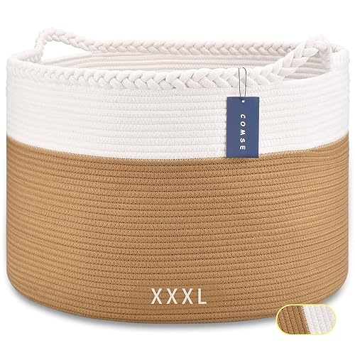 COMSE Extra Large Blanket Basket, Storage Basket, Laundry Basket, 21.7”x 13.8”, Laundry Hamper, Cotton Rope Basket, Blanket Basket Living Room, Toy Basket (White & Cadet Blue & Navy Blue) - Jamouz