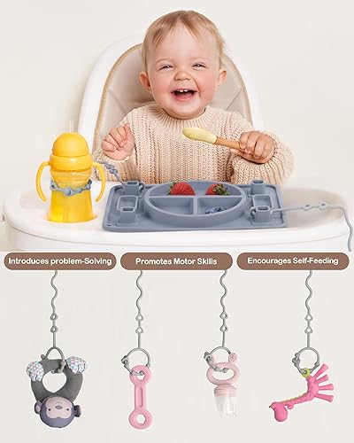 Platinum Food Grade Silicone Plates with Strong Suction for Baby & Toddlers, Baby Placemats with 4 Toy Straps to Secure Baby Essentials, Baby Led Weaning, Self Feeding, Dishwasher Safe (Green) - Jamouz