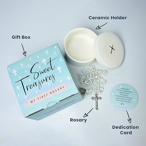 Sweet Treasures Gift – Baptism Gifts for Boys, First Rosary with Ceramic Keepsake Box and Card, Catholic Communion Gift, Christening and Baby Shower Rosary Beads, Blue - Jamouz