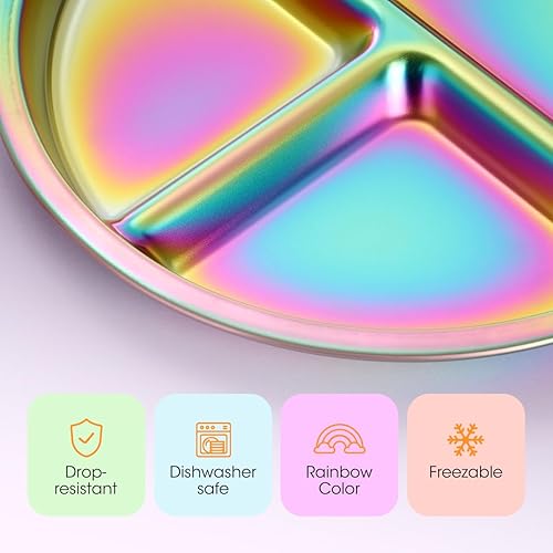 AIEVE Stainless Steel Kids Plates, 4 Pack Round Divided Toddler Plates, Portion Control Plate 9 Inch - Jamouz