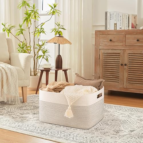 75L Large Blanket Basket, Toy Basket Bin for Kids, Cotton Rope Woven Storage Basket for Living Room, Nursery, Baby Room Decorative Organizer, 22''×17''×12'', Brown and White - Jamouz