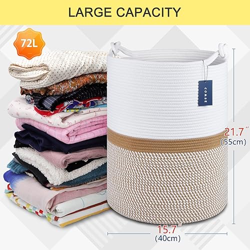 COMSE Extra Large Blanket Basket, High Storage Basket, Tall Rope Laundry Basket, 15.7”x 21.7”, Cotton Rope Basket, XXXL Laundry Basket, Toy Basket, Clothes Baskets,White/Cadet Blue/Navy Blue - Jamouz