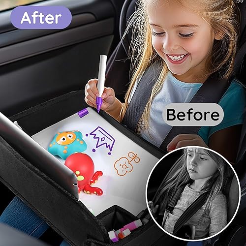 Kids Travel Tray, Kid Travel Tray, Travel Tray for Kids Car Seat, Car Tray for Kids with Drawing Kit, Carseat Tray for Toddler, Kids Road Trip Essentials for Airplane, Blue - Jamouz