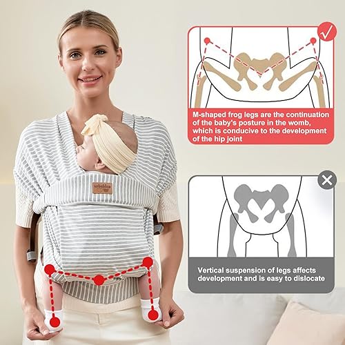 Baby Wraps Carrier Newborn to Toddler, Kangaroo Baby Easy Wearing Wrap, Adjustable Soft Baby Holder Front Chest Sling Carriers Perfect Baby Infant Essentials Gifts (Striped Grey, Cotton) - Jamouz