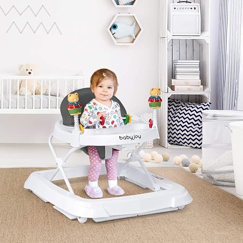 BABY JOY Baby Walker, Foldable Activity Walker Helper with Adjustable Height, Baby Activity Walker with High Back Padded Seat & Bear Toys (Gray, Star Pattern) - Jamouz