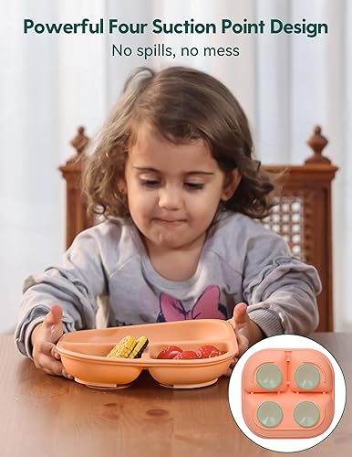 BABELIO Powerful Suction Plates for Baby and Toddler, 100% Food Grand Silicone, Divided, BPA Free, Microwave & Dishwasher Safe, Stay Put, 3 Pack - Jamouz