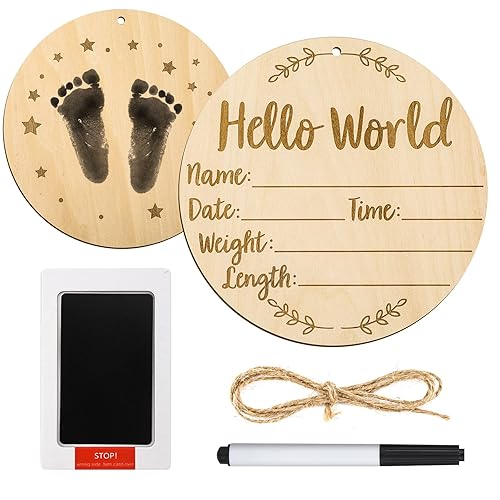 Baby Announcement Sign, 5.9 Inch Round Baby Nursery Name Signs with Ink Pad for Baby Hand and Footprints Wooden Hello World Newborn Sign for Photo Prop - Jamouz