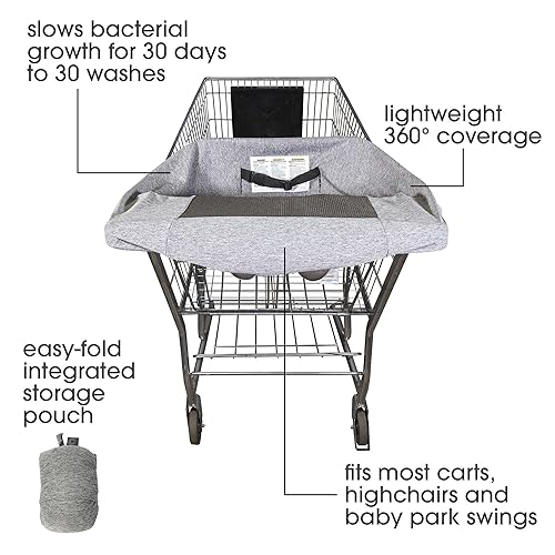 Boppy Compact Shopping Cart Cover, Antibacterial Treated, Gray Heathered with Storage Pouch, Easy-on Stretch Fabric for Single and Wide Shopping Carts and Playground Swings, 6-48 Months - Jamouz