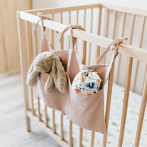 Linen Baby Bedside Hanging Storage Bag,2 Pockets Organizer for Baby Cribs and Toys (Burlywood) - Jamouz