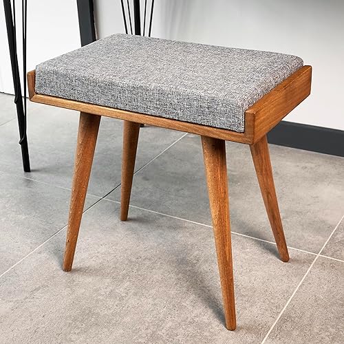 Walnut Ottoman Stool for Living Room | Upholstered in Crowbar Pattern Fabric | Versatile as a Piano Bench | Ideal Bedroom Bench | Functional Footstool Bench - Jamouz