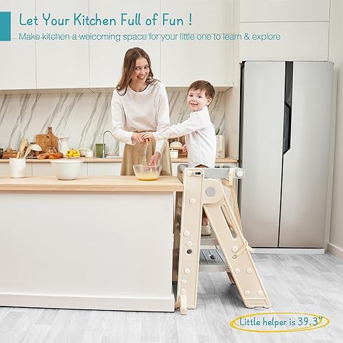 Forbena Foldable Toddler Tower Kitchen Learning Stool Helper, Montessori Kids Standing Tower for Counter, Collapsible Adjustable Baby Child Step Stool with Safety Net for Bathroom Sink (Grey) - Jamouz