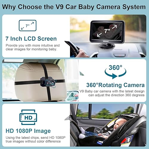 DoHonest Baby Car Camera 7-Inch: USB Plug and Play Easy Setup 360 Degree Rotating Backseat Camera Two Kids HD 1080P Rear Facing Car Seat Camera Clear Night Vision -V9 Black - Jamouz