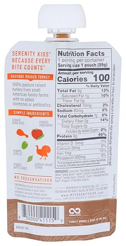 Serenity Kids Bone Broth Puree Made with Organic Veggies - Clean Label Project Purity Award Certified - 3.5 Ounce BPA-Free Pouch - Free Range Turkey Bolognese - 6 Count - Baby Food Turkey Bone Broth - Jamouz
