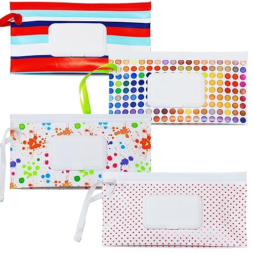Baby Wipe Dispenser, 4 Pack Portable Refillable Wipe Holder, Reusable Lightweight Wipes Holder Container for Travel Wet Wipe Pouch,Cartoon - Jamouz