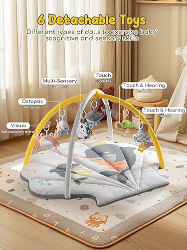 Baby Play Mat, Oversize Shell Tummy Time Mat with 6 Detachable Baby Activity Toys, Baby Gyms & Playmats for Babies 0-6 Months, Baby Mat for Floor Newborn Baby Shower Gifts (Beige) - Jamouz