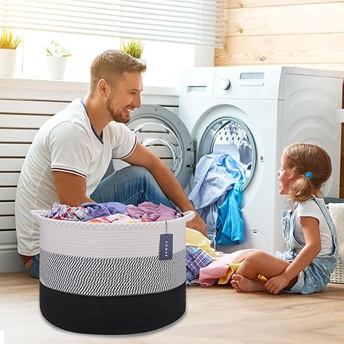 COMSE Extra Large Blanket Basket, Storage Basket, Laundry Basket, 21.7”x 13.8”, Laundry Hamper, Cotton Rope Basket, Blanket Basket Living Room, Toy Basket (White & Cadet Blue & Navy Blue) - Jamouz