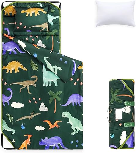 Wake In Cloud - Cot Nap Mat with Pillow and Blanket, for Toddler Kids Boys Girls in Daycare Kindergarten Preschool Pre K with Elastic Corner Straps, Cute Colorful Dinosaur - Jamouz