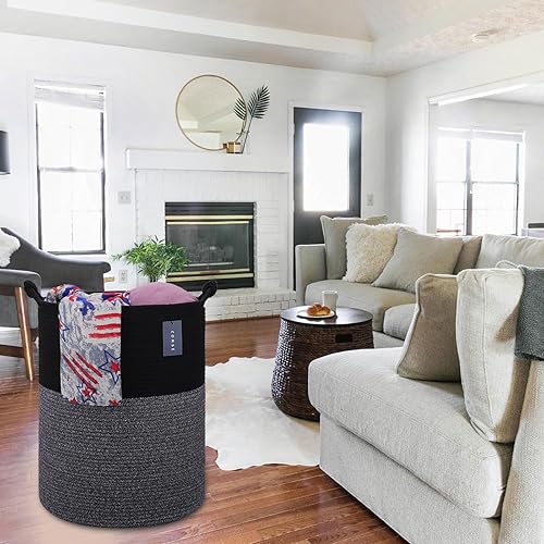 COMSE Extra Large Blanket Basket, High Storage Basket, Tall Rope Laundry Basket, 15.7”x 21.7”, Cotton Rope Basket, XXXL Laundry Basket, Toy Basket, Clothes Baskets,White/Cadet Blue/Navy Blue - Jamouz