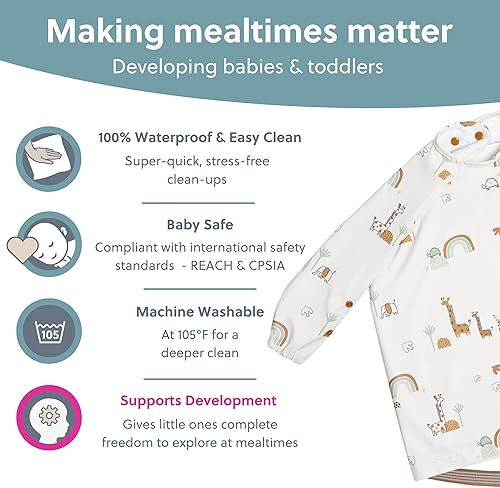 BIBaDO - Long Sleeve Baby Bibs - Babies & Toddlers 6-36 Months - Coverall Baby Led Weaning Bib - Easy Wipe, Soft & Waterproof - Jamouz