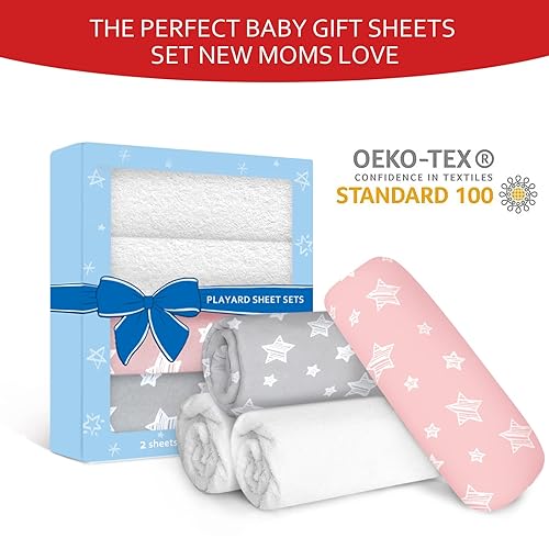 Pack and Play Sheets & Waterproof Terry Pack N Play Mattress Protector Pad Cover 4 Pack, Viscose Made from Bamboo Pack N Play Sheets Set, Grey & Navy - Jamouz