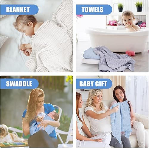 Muslin Baby Bath Towels Set 3 Pack Ultra Soft and Absorbent Baby Towels Infant Toddler Blanket Towel 6-Layer Natural Cotton Towel Suitable for Girl Boy 40x40 inches (White&Blue&Grey) - Jamouz