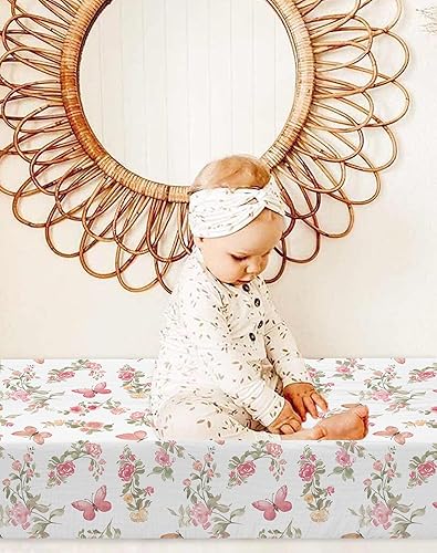 Changing Pad Cover for Baby Boy Girl 2 Pack, Muslin Changing Table Pad Covers with Boho Style, Neutral Nursery Bedding Essentials Soft and Breathable(Dusty Rose & Flower-A) - Jamouz