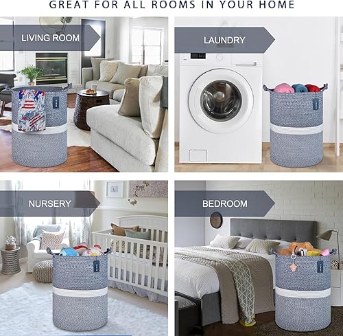 COMSE Extra Large Blanket Basket, High Storage Basket, Tall Rope Laundry Basket, 15.7”x 21.7”, Cotton Rope Basket, XXXL Laundry Basket, Toy Basket, Clothes Baskets,White/Cadet Blue/Navy Blue - Jamouz
