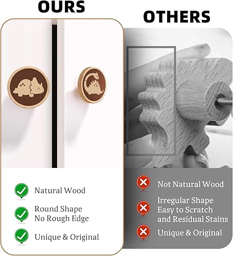 6 Pack Wooden Drawer Knobs(40MM/1.57'), Dinosaur Wooden Knobs for Nursery Room, Kids Dresser Knobs Cabinet Pulls Handles with 6 Screws - Jamouz