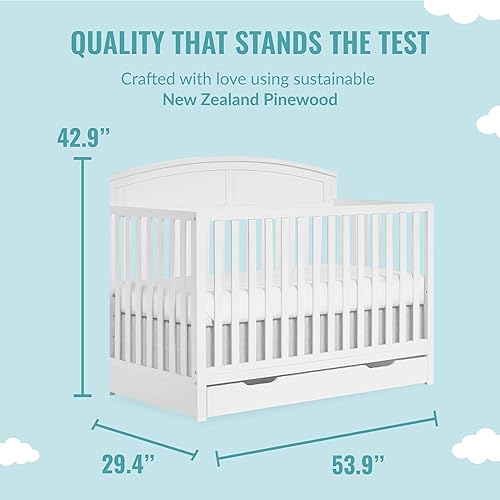 Storybrooke 5 in 1 Convertible Crib with Under Drawer in Pebble Grey, JPMA & Greenguard Gold Certified, Made of Sustainable Pinewood, Non-Toxic Water-Based Paint Finish - Jamouz