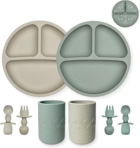 Hippypotamus Toddler Plates with Suction - 100% Food-Grade Silicone Baby Plates - Microwave & Dishwasher Safe - BPA Free - Set of 3 (Sage/Blush/Nude) - Jamouz