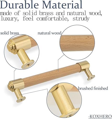 Modern Mid Century Brass and Wood Cabinet Pulls 3 Inch Center to Center Hole 4Pack Kitchen Drawer Handle Unfinished Dresser Knob for Closet Cupboard Wardrobe Brushed Finish - Jamouz