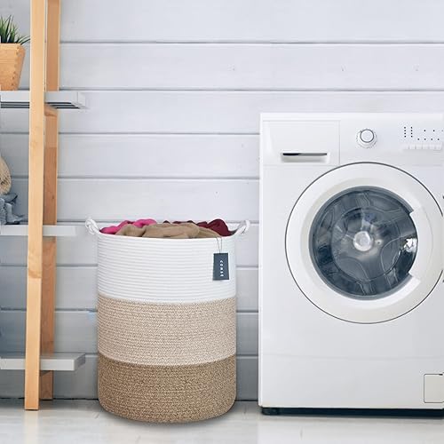 COMSE Extra Large Blanket Basket, High Storage Basket, Tall Rope Laundry Basket, 15.7”x 21.7”, Cotton Rope Basket, XXXL Laundry Basket, Toy Basket, Clothes Baskets,White/Cadet Blue/Navy Blue - Jamouz