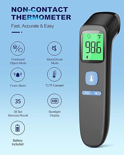 ANMEATE No-Touch Forehead Thermometer for Adults, Infrared Digital Thermometer for Kids, Touchless Baby Thermometer, Accurate Reading with Large Display, Mute Mode, Memory Recall, Fever Alarm - Jamouz