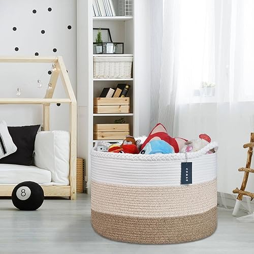 COMSE Extra Large Blanket Basket, Storage Basket, Laundry Basket, 21.7”x 13.8”, Laundry Hamper, Cotton Rope Basket, Blanket Basket Living Room, Toy Basket (White & Cadet Blue & Navy Blue) - Jamouz