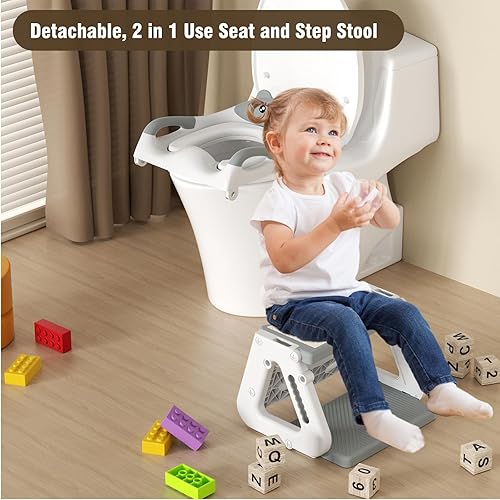 Potty Training Toilet Seat with Step Stool Ladder, Detachable Triangular Stabilized Base 2-IN-1 Toddler Toilet Seat with Splash Guard, Anti-Slip Pad, and Step Stool (Elegant Grey) - Jamouz