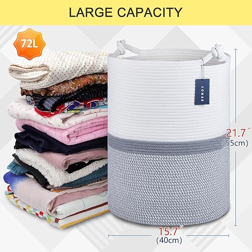 COMSE Extra Large Blanket Basket, High Storage Basket, Tall Rope Laundry Basket, 15.7”x 21.7”, Cotton Rope Basket, XXXL Laundry Basket, Toy Basket, Clothes Baskets,White/Cadet Blue/Navy Blue - Jamouz