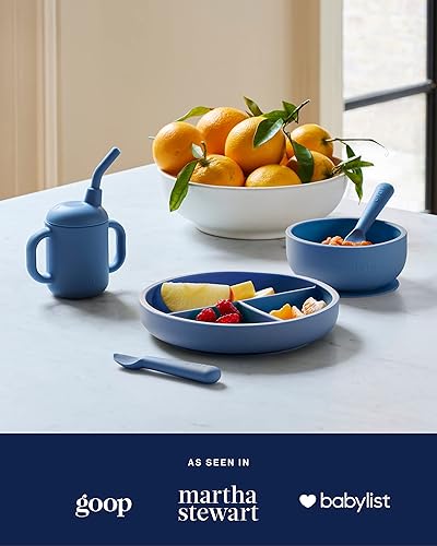 Lalo First Bites Silicone Baby Feeding Set - Baby Led Weaning Supplies - Non-Toxic Silicone - Includes 2 Bibs, 2 Spoons, Training Cup, Suction Plate and Bowl - 6 Pieces - Sage - Jamouz