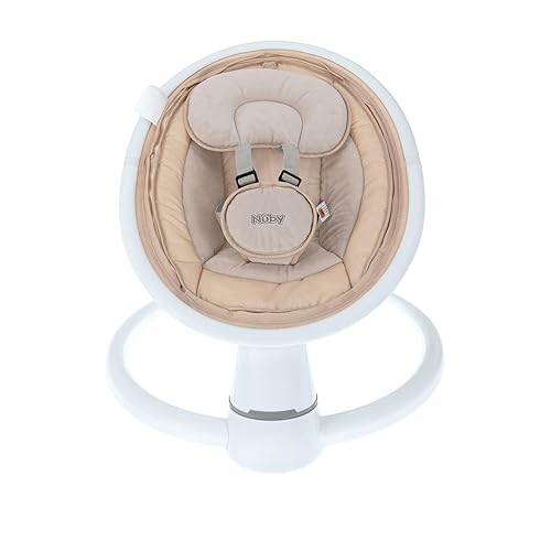 Nuby Baby Swing with Canopy and Remote - 5-Level Infant Swing with Soothing Sounds and Mobile App Control - 0-9 Months - Tan - Jamouz