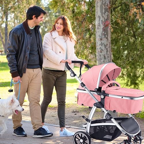 Baby Stroller, 2-in-1 Reversible Stroller with Bassinet Mode, Foldable Infant Stroller with Canopy, One Button Brake, Adjustable Handle, Newborn Stroller (Gray) - Jamouz